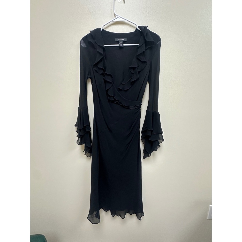 Express 100% Silk Black Ruffle Wrap Dress Tiered Bell Sleeve Size 7/8 Vintage
